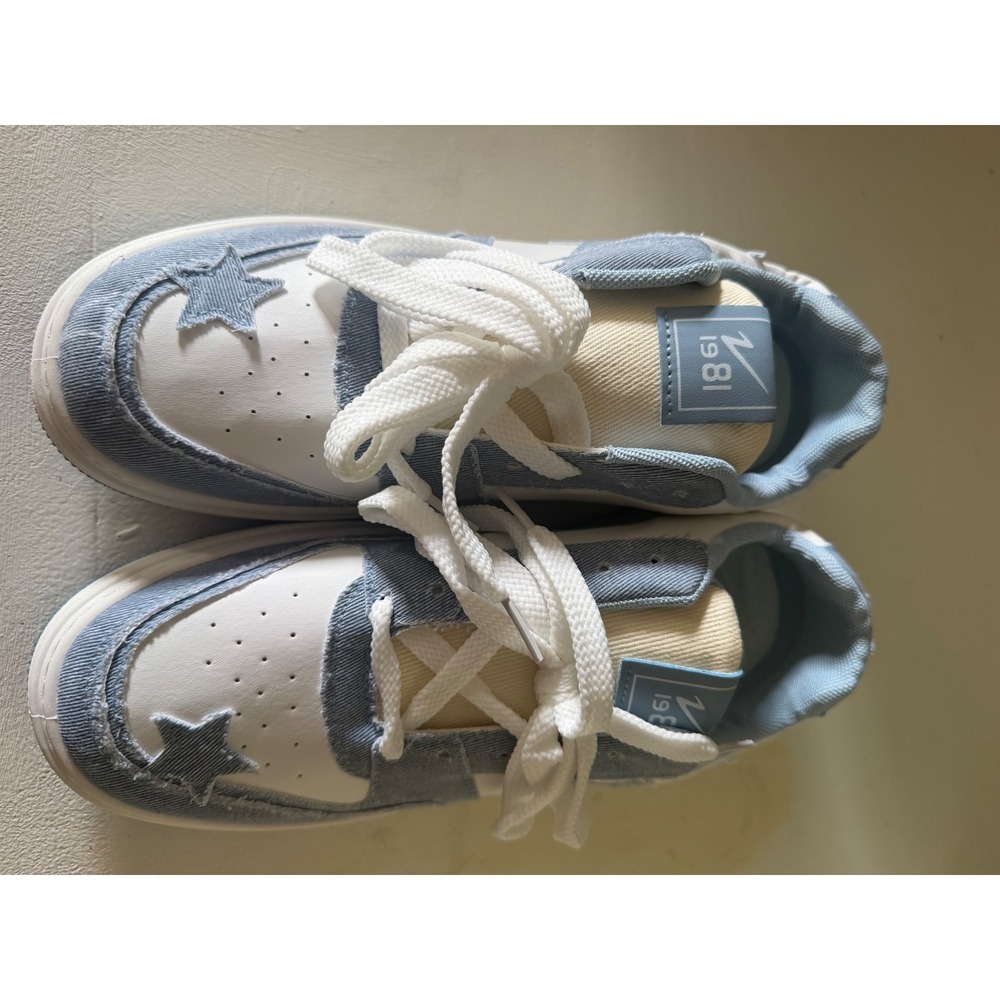 1981 Blue Denim Star Patch Low Top Sneakers White Distressed Streetwear Size 42
